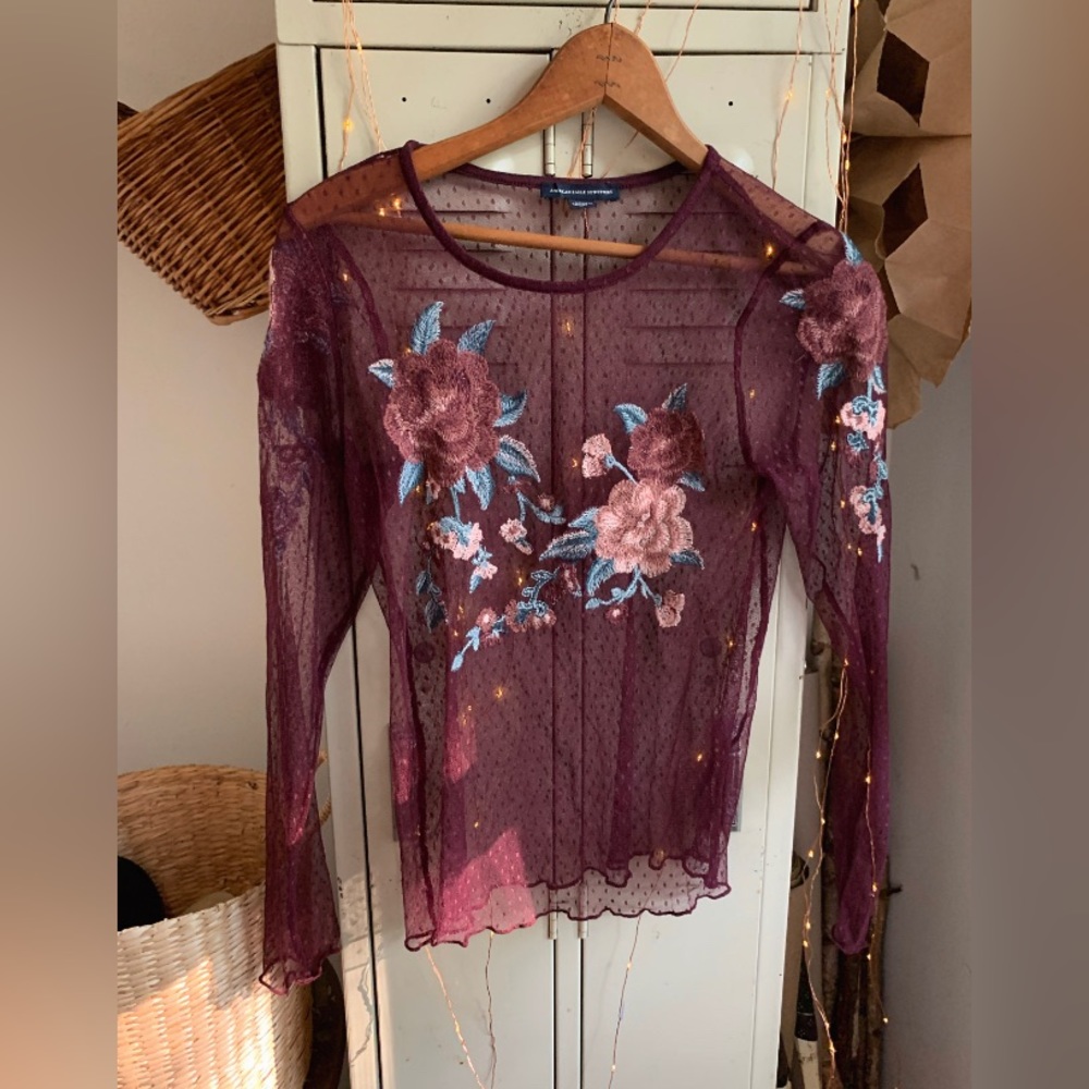 Sheer Long Sleeve Top with Embroidered Flowers